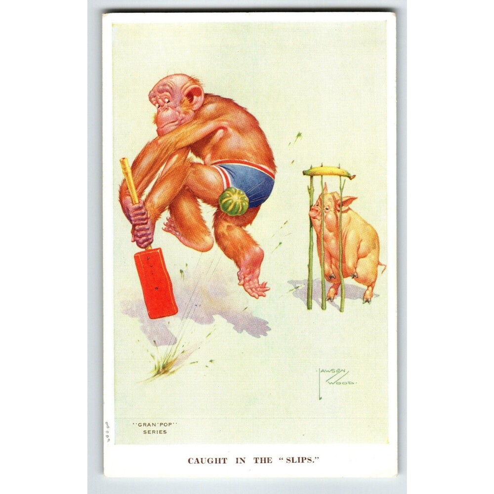 Monkey Pig Play Paddle Ball Postcard Larson Wood Signed Fantasy Anthropomorphic